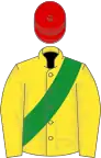 Yellow, green sash, red cap