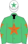 Emerald green, orange star, orange stars on sleeves, white cap, em green star