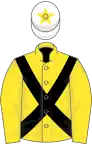 Yellow, black cross sashes, white cap, yellow star