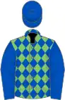 Light green and royal blue diamonds, royal blue sleeves and cap