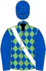 Light green and royal blue diamonds, white sash, royal blue sleeves and cap