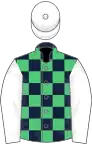 Dark blue and emerald green check, white sleeves and cap