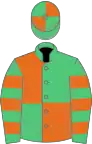 Emerald green and orange quartered, hooped sleeves, qtd cap