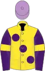 Yellow, large purple spots, purple sleeves, yellow armlets, mauve cap