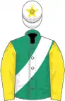 Emerald green, white sash, yellow sleeves, white cap, yellow star