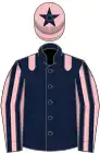 Dark blue, pink epaulettes, striped sleeves, pink cap, dark blue star