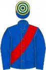 Royal blue, red sash, royal blue and yellow hooped cap