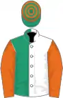 White and emerald green (halved), orange sleeves, emerald green and orange hooped cap