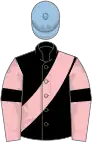 Black, pink sash, pink sleeves, black armlets, light blue cap