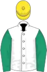 White, emerald green sleeves, yellow cap