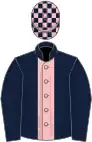 Dark blue, pink stripe, dark blue sleeves, pink and dark blue checked cap