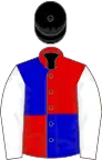 Red and royal blue (quartered), white sleeves, black cap