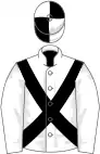 White, black cross sashes, white sleeves, white cap, black quartered