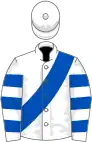 White, royal blue sash, hooped sleeves