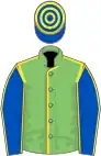 Light green, yellow seams, royal blue sleeves, yellow seams, royal blue and yellow hooped cap