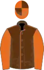 Brown, orange seams, orange sleeves, orange and brown quartered cap