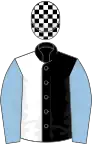 Black and White (halved), check cap, Light Blue sleeves