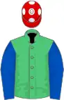 Emerald green, royal blue sleeves, red cap, white spots