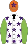 White, purple stars, light green sleeves, orange cap, purple star