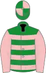 Green and pink hooped, pink sleeves, quartered cap