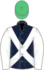 DARK BLUE, white cross sashes, white sleeves, emerald green cap