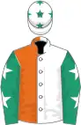 White and orange halved, emerald green sleeves, white stars, white cap, emerald green stars