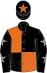 Black and orange (quartered), black sleeves, grey stars, black cap, orange star