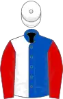 Royal blue and white (halved), red sleeves, white cap