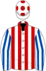 White and Red stripes, White and Royal Blue striped sleeves, White cap, Red spots