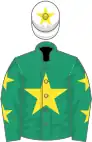 Emerald green, yellow star, yellow stars on sleeves, white cap, yellow star