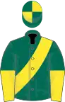 Dark green, yellow sash, halved sleeves, quartered cap