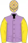 Mauve, yellow sleeves, mauve and yellow check cap