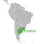 Map of South American, with the  pampas encompassing a south-eastern area bordering the Atlantic Ocean.