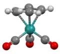 Structure of Ru(trimethylenemethane)(CO)3, viewed orthogonal to C3 axis.