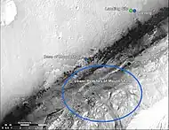 Green dot is Curiosity's landing site; upper blue is Glenelg; lower blue is base of Mount Sharp.