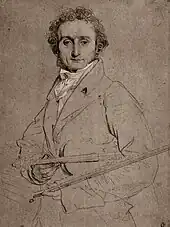 drawing of youngish white man in formal evening costume, carrying a violin