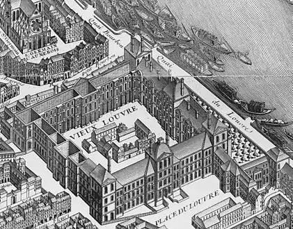 The Louvre on the 1739 Turgot map of Paris, showing the parts which remained unroofed