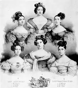 The Principal Ballerinas of the Paris Opera (clockwise from top left): Lise Noblet, Marie Taglioni, Mlle Julia [de Varennes], Alexis Dupont (née Félicité Noblet, she used the name of her husband Alexis Dupont), Amélie Legallois, and Pauline Montessu, premiers sujets in 1831.