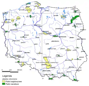 Map of selected large-scale landscape parks in Poland marked in yellow (green, are the national parks).