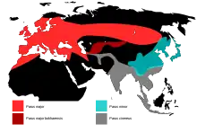 Map of Eurasia and North Africa with ranges depicted in four colours