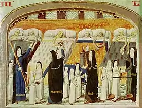 Painting with nuns in foreground and beds with several patients