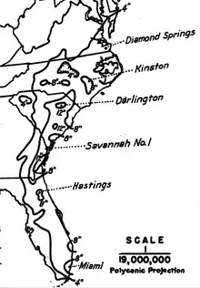 A map showing rainfall totals from the storm, stretching from Florida to Maryland