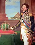 Emperor Pedro I of Brazil (also King of Portugal as Pedro IV) with his crown and the Sugarloaf in the background, c. 1825