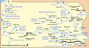 A network of east-west canals and connecting railroads spanned Pennsylvania from Philadelphia to Pittsburg. North-south canals connecting with this east-west canal ran between West Virginia and Lake Erie on the west, Maryland and New York in the center, and along the border with Delaware and New Jersey on the east. Many shorter canals connected cities such as York, Port Carbon, and Franklin to the larger network.