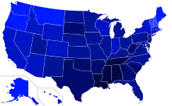 Percentage of state populations that identify with a religion rather than "no religion", 2014