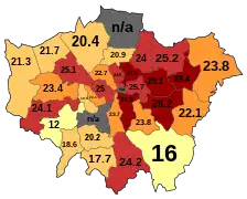 Percentage of Year 6s obese in 2020 in London