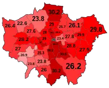 Percentage of conceptions aborted in London by each borough in 2020