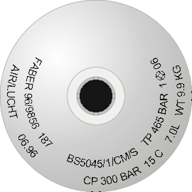 Diagram of a cylinder shoulder with stamp marking: FABER 96/9856 187 BS5045/1/CM/S TP 265 BAR AIR/LUCHT 06.96 CP 300BAR 15C 7.0L WT 9.9 kg