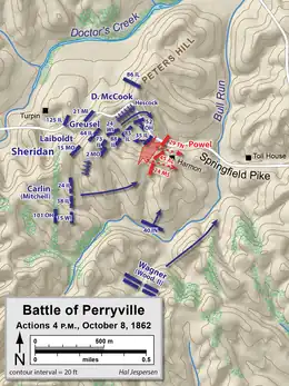 Map shows the 4 pm fight for Peters Hill at the Battle of Perryville.