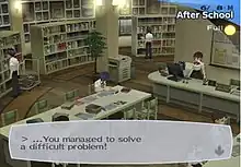 A teenage boy with blue hair sits at a desk in his school's library, studying. The dialogue box in the lower third of the screen reads, "You managed to solve a difficult problem!" The top-right area of the screen denotes that the date is June 8, the current time period is "After School," and the moon is full.